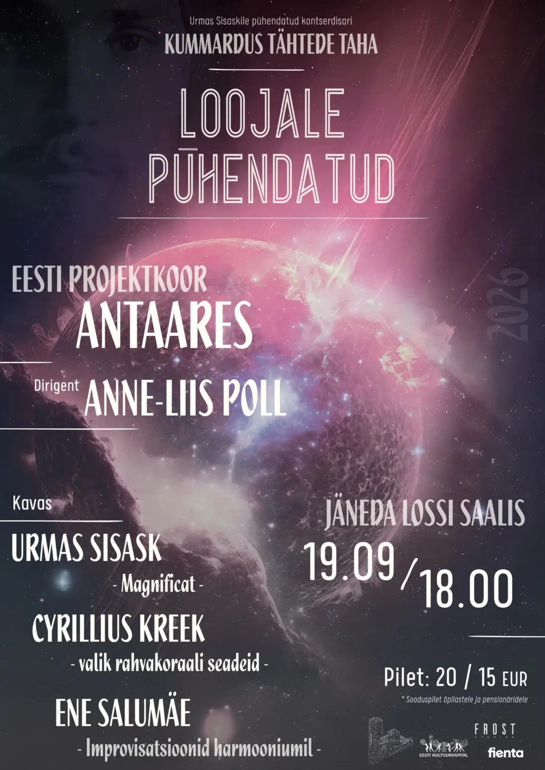 Plakat: kontsert „Loojale pühendatud“, Eesti Projektkoor Antaares, dirigent Anne-Liis Poll, 19.09 kell 18.00 Jäneda lossi saalis