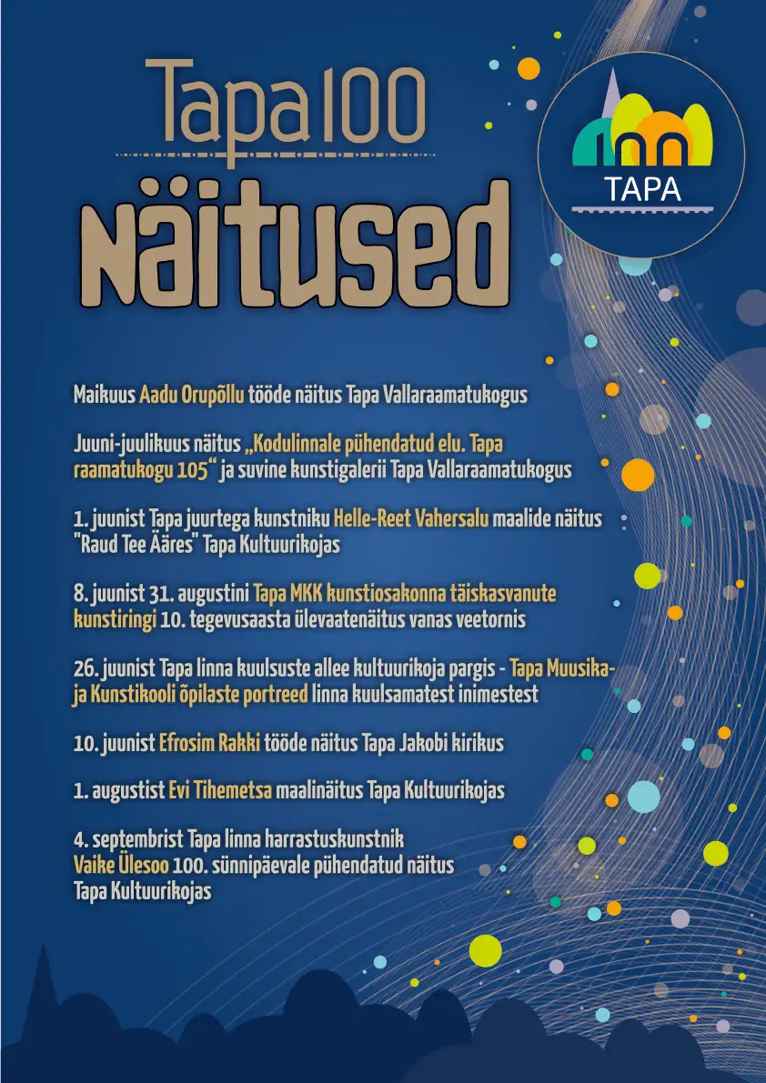 Plakat: Tapa 100 näitused 2026 – nimekiri näitustest Tapa Vallaraamatukogus, Tapa Kultuurikojas, vanas veetornis, Tapa Jakobi kirikus ja kultuurikoja pargis