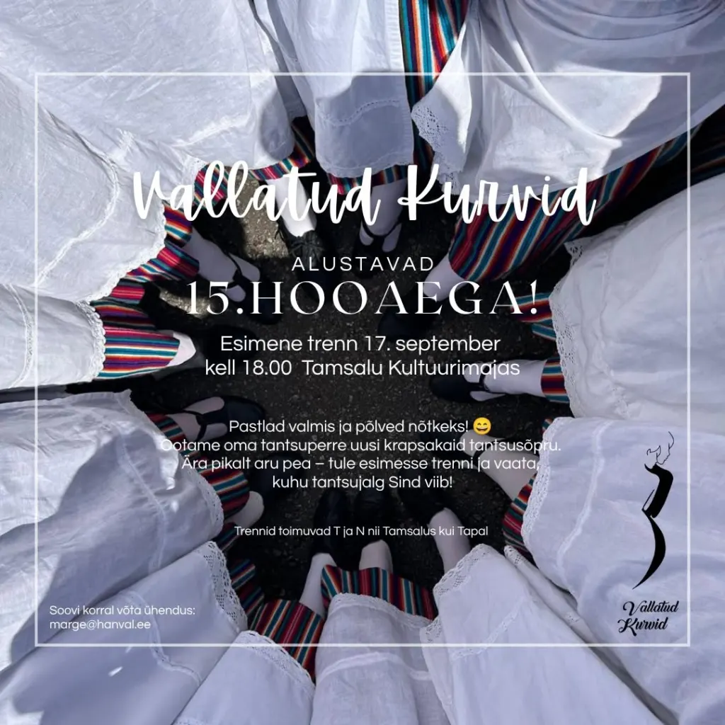 Plakat: Vallatud Kurvid alustavad 15. hooaega, esimene trenn 17. septembril kell 18.00 Tamsalu Kultuurimajas