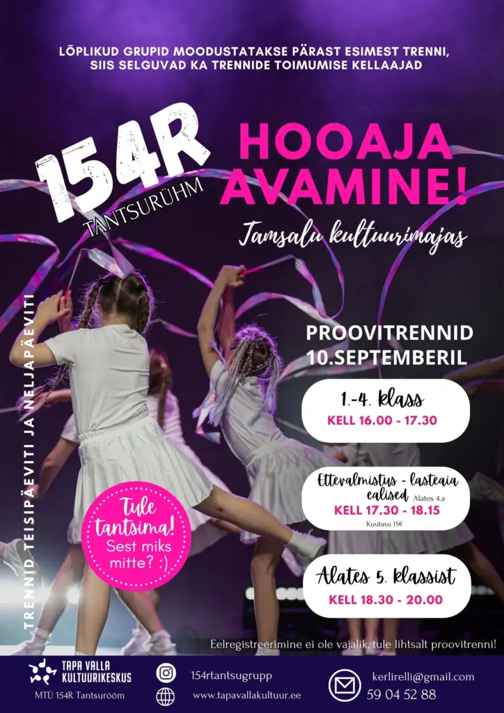 Plakat: 154R tantsurühma hooaja avamine Tamsalu Kultuurimajas, proovitrennid 10. septembril
